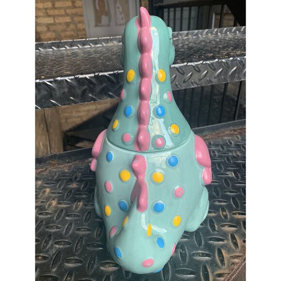 Vintage Kitsch Cute Candy Dapper Dragon Cookie Jar Bowtie Green Pink *Scratched* - Picture 5 of 13